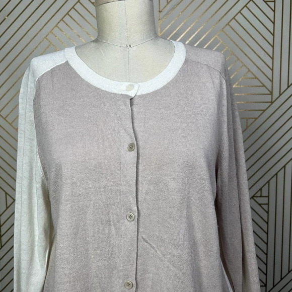 Akris Punto Cardigan Sweater Linen-BlendContrast Light Taupe Cream Size US 10 - Picture 3 of 12